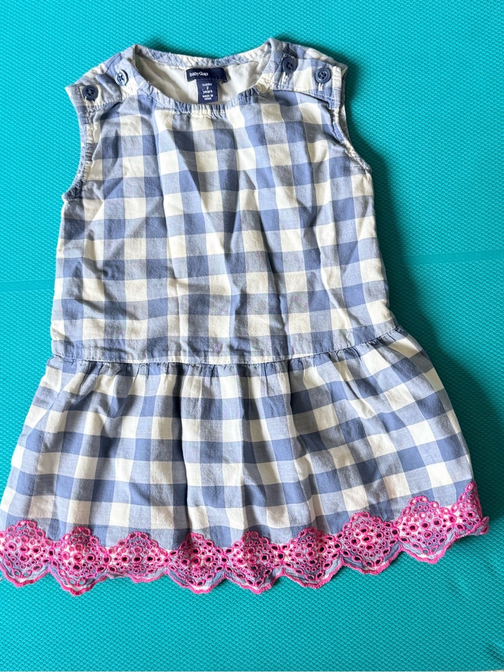 GAP Blue and White Gingham Dress with Pink Eyelet Hem